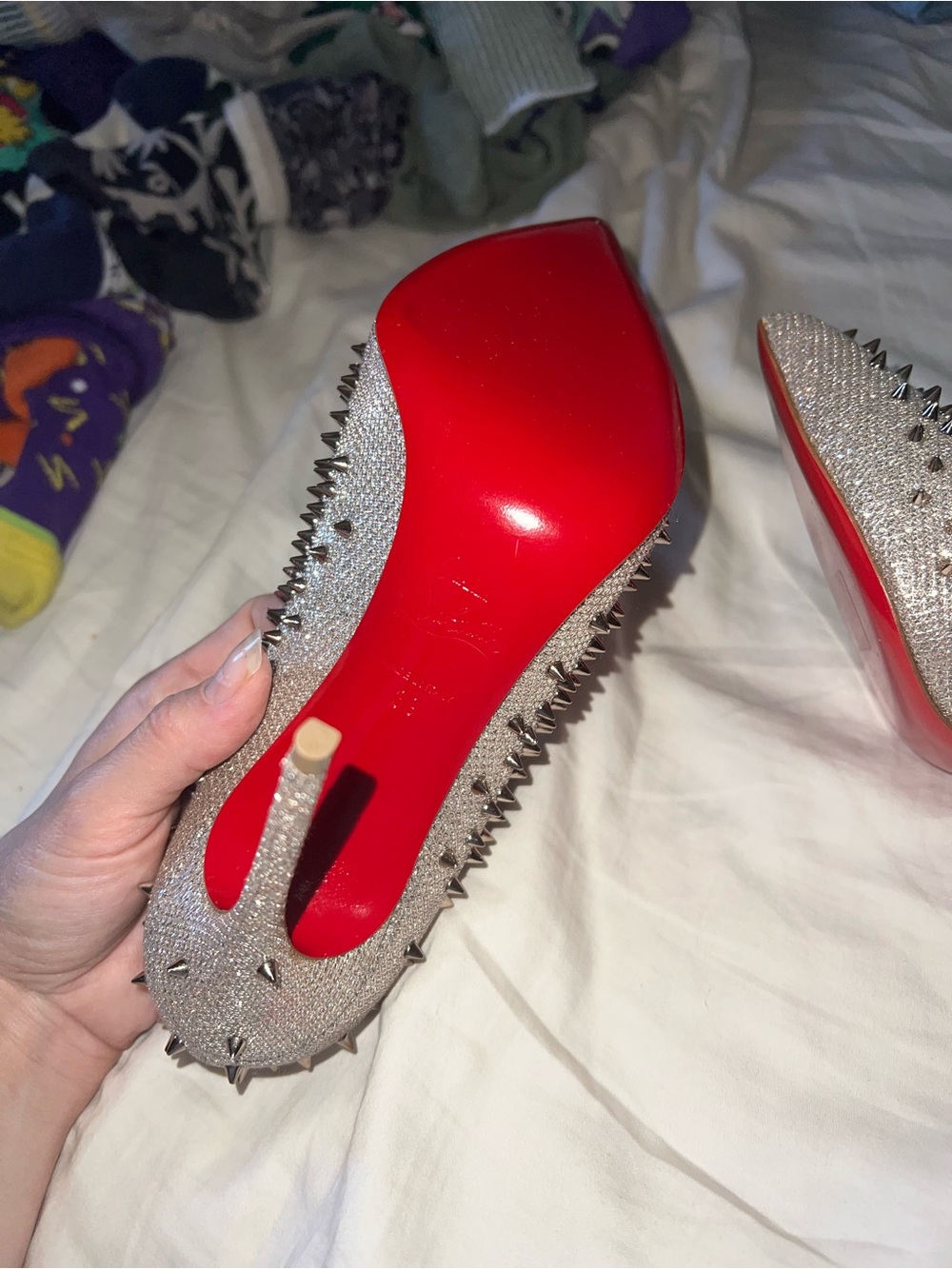 Christian Louboutin Silver Crystal Studded Pointed-Toe Flats - Picture 3 of 3